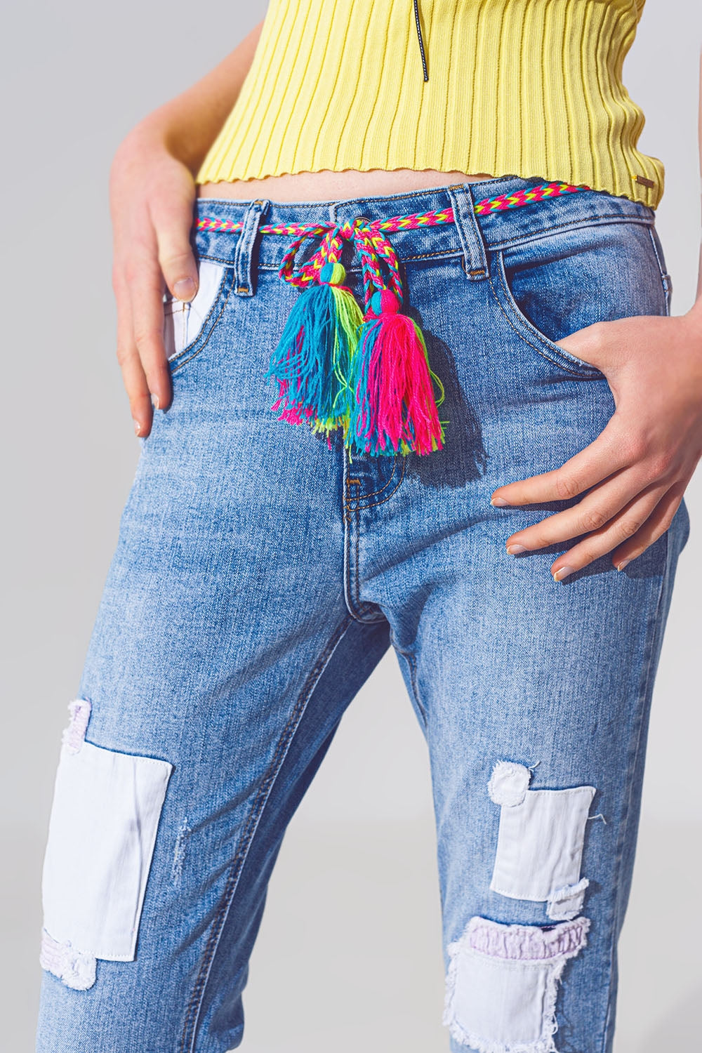 Stretch Skinny Jeans with Patches in Mid Wash and Belt Detail - Denim