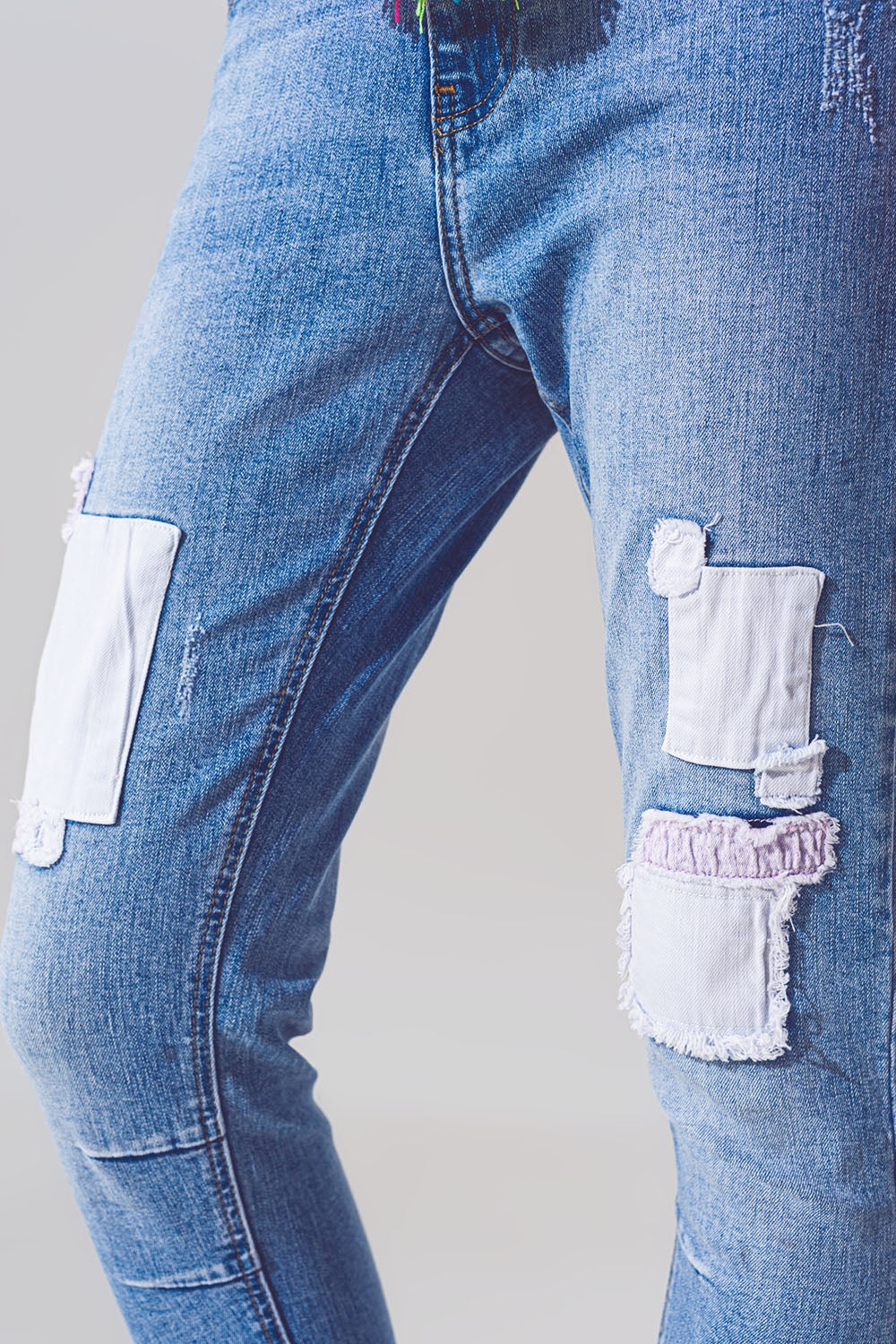 Stretch Skinny Jeans with Patches in Mid Wash and Belt Detail - Denim