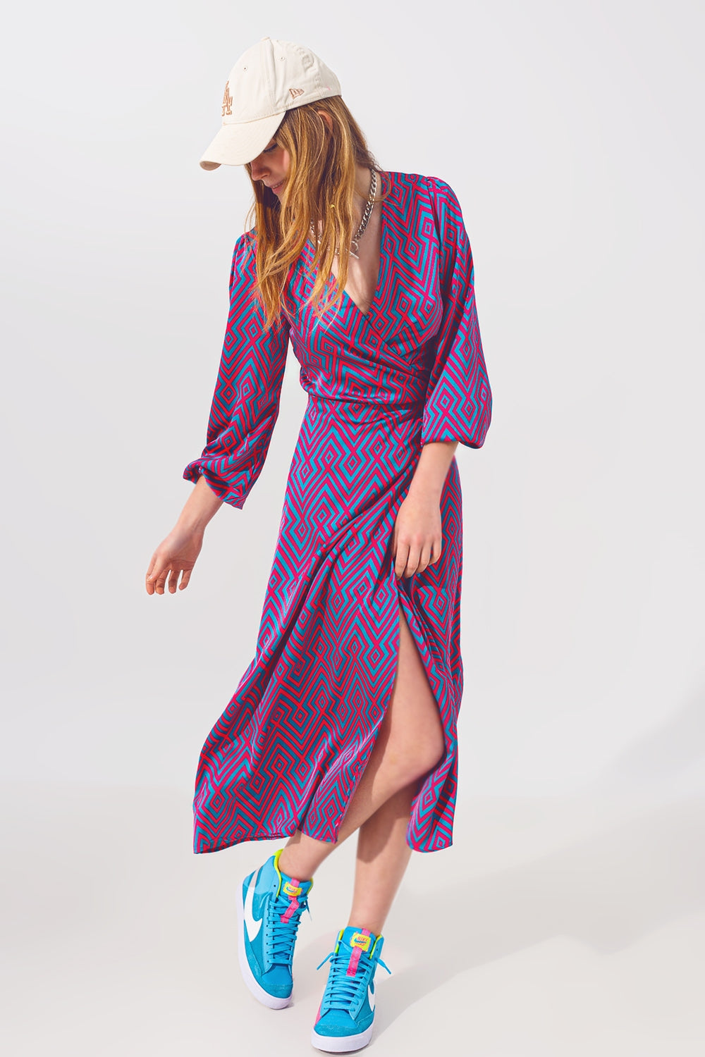 Long Sleeve Maxi Wrap Dress in Geo Print - dress