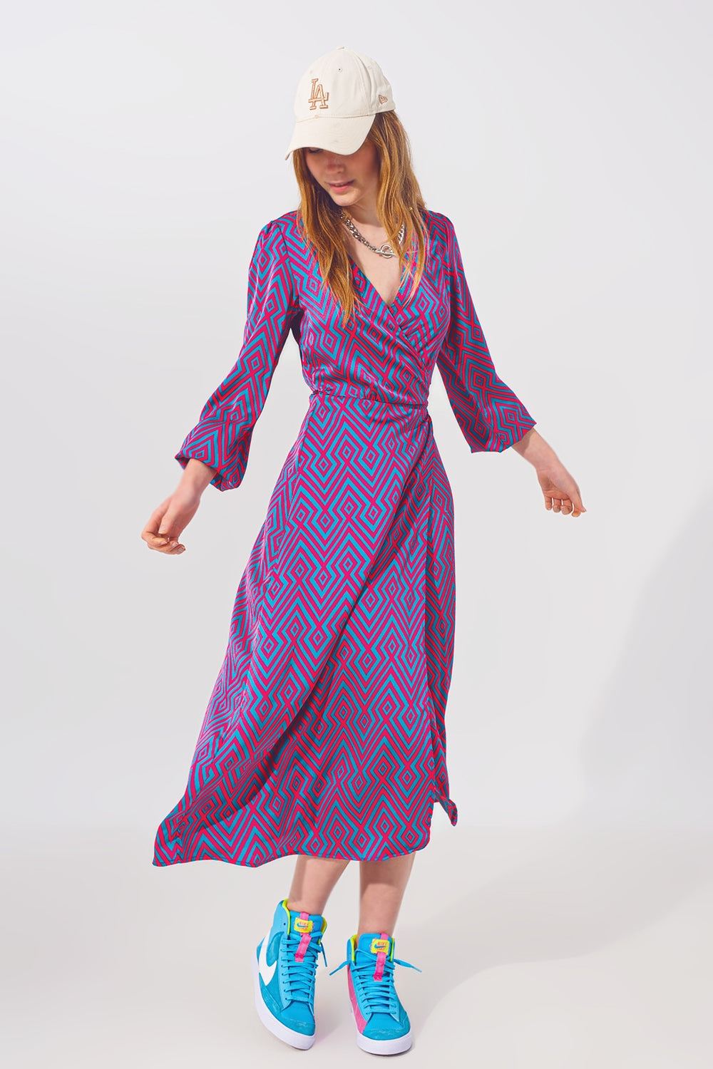 Long Sleeve Maxi Wrap Dress in Geo Print - dress