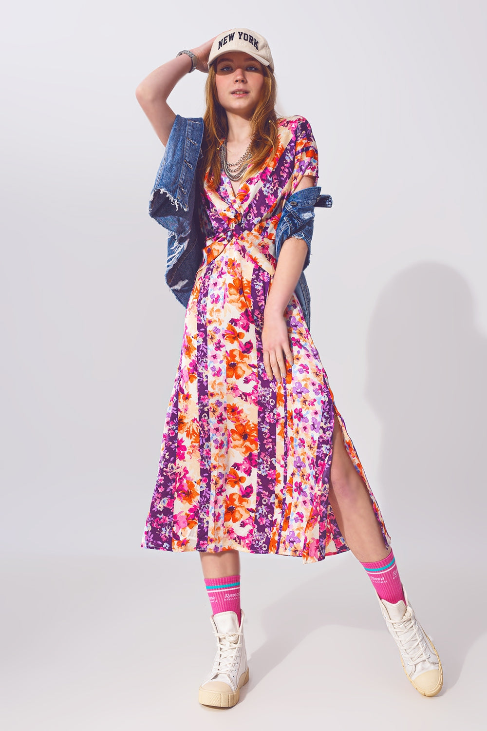 Flower Print Front Knot Maxi Dress in Multicolour - dress