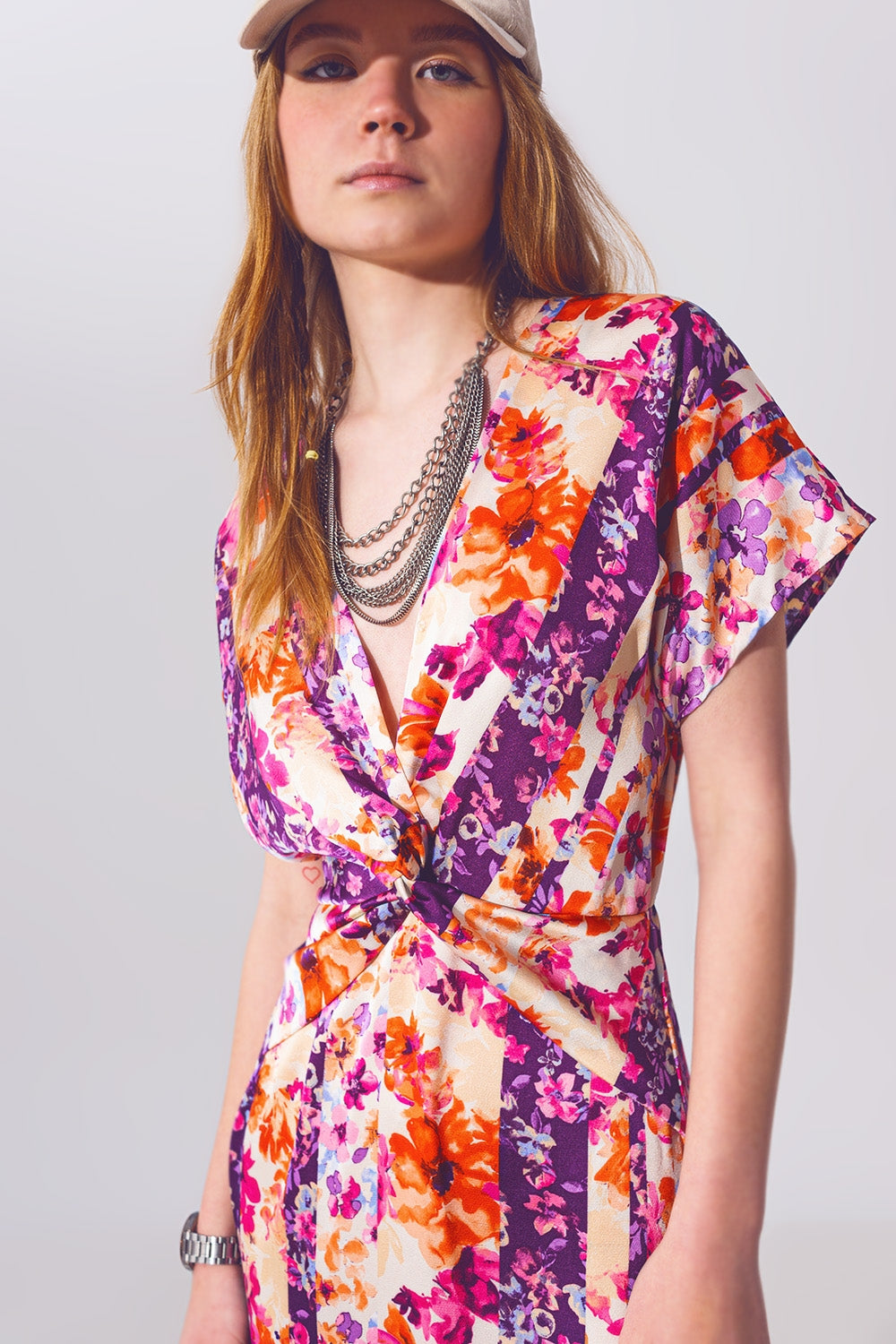Flower Print Front Knot Maxi Dress in Multicolour - dress