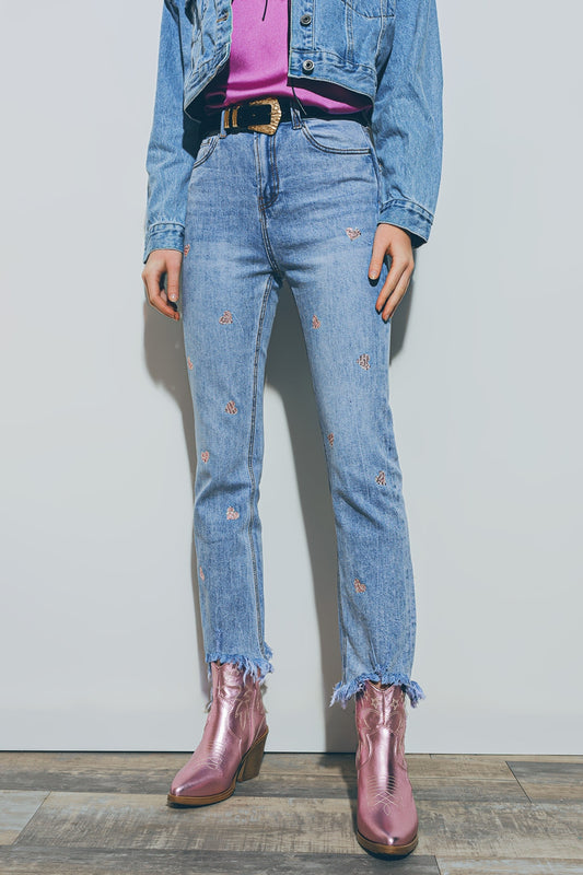 Heart Embellished Jeans with teared hem in Medium Wash - Denim