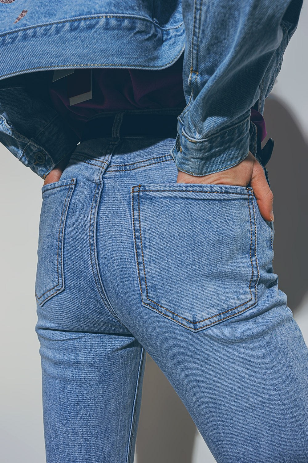 Heart Embellished Jeans with teared hem in Medium Wash - Denim