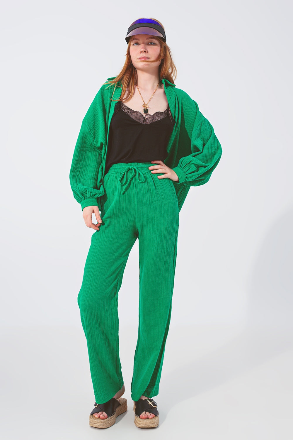 Textured Loose Fit Pants in Green - trousers