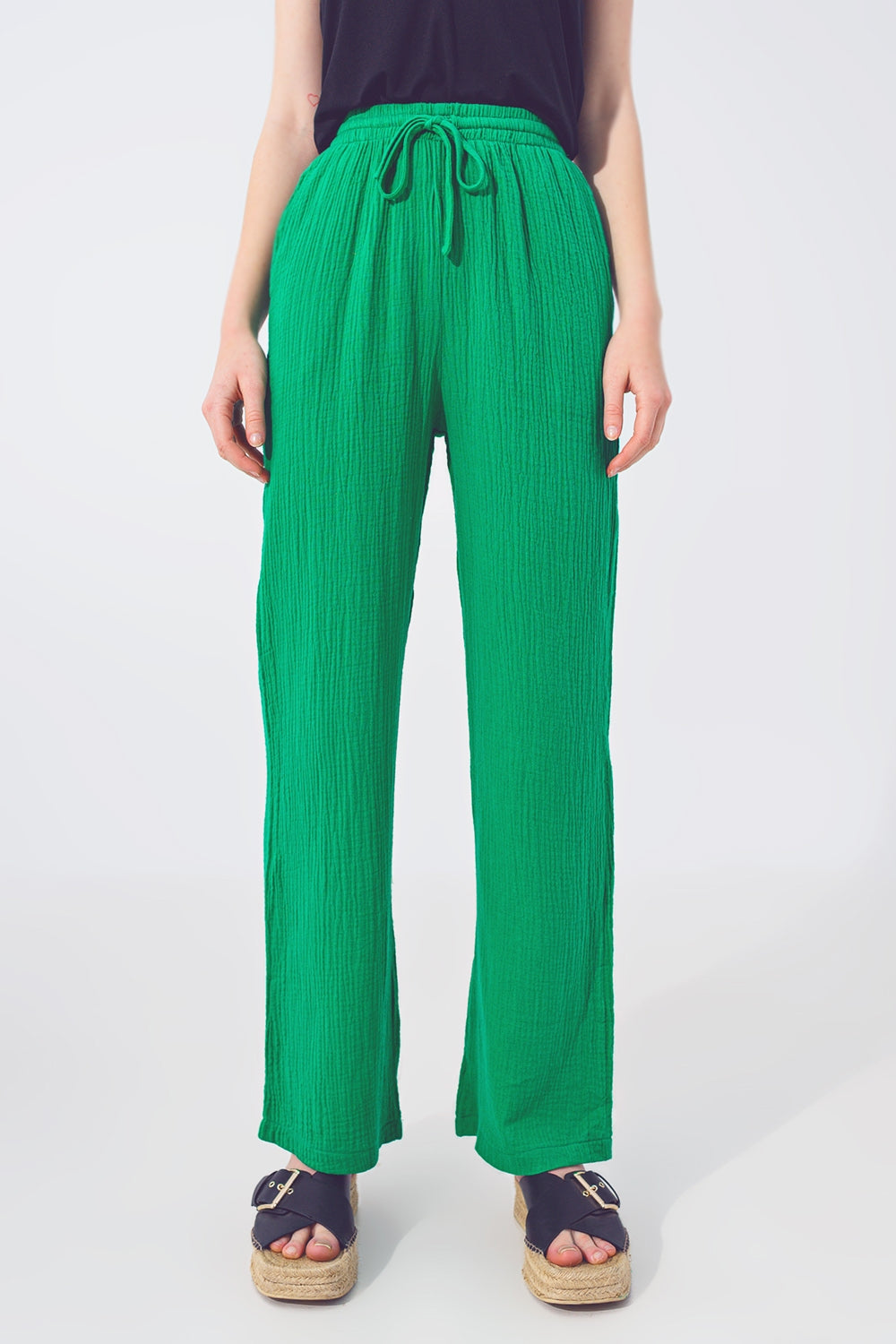 Textured Loose Fit Pants in Green - trousers