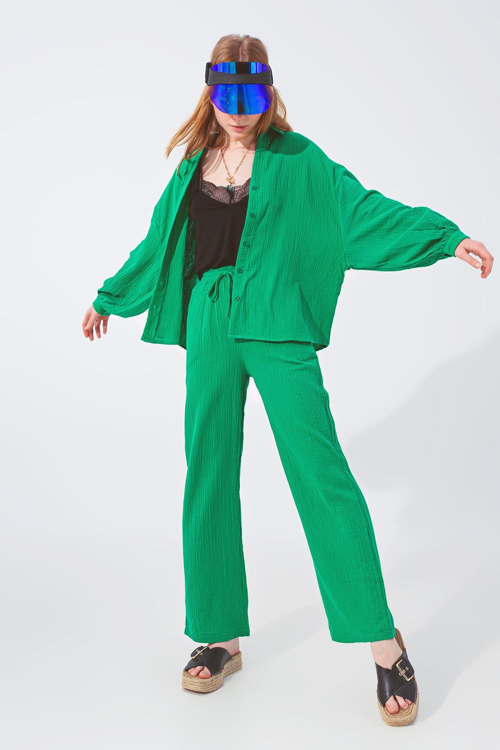 Textured Loose Fit Shirt in Green - Shirts