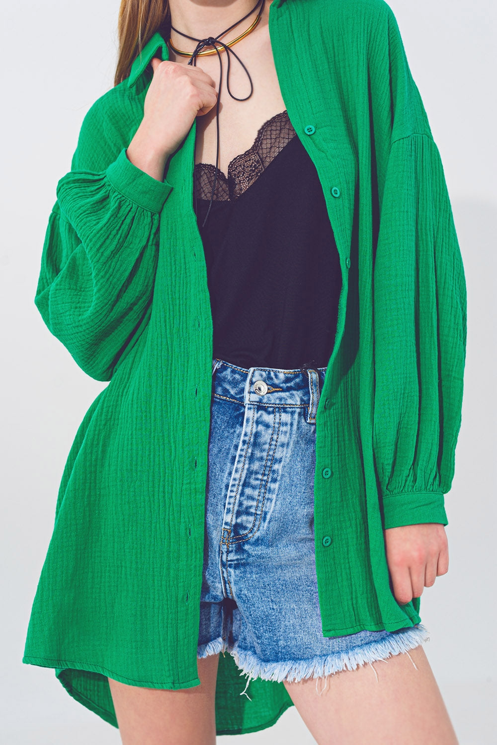 Oversized Textured Loose Fit Shirt in Green - Shirts