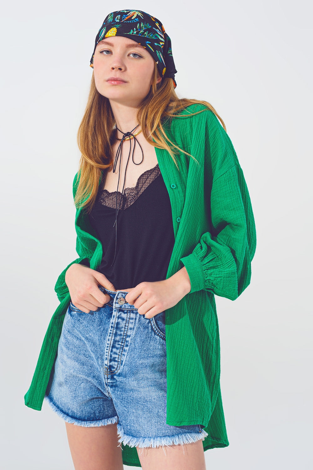 Oversized Textured Loose Fit Shirt in Green - Shirts