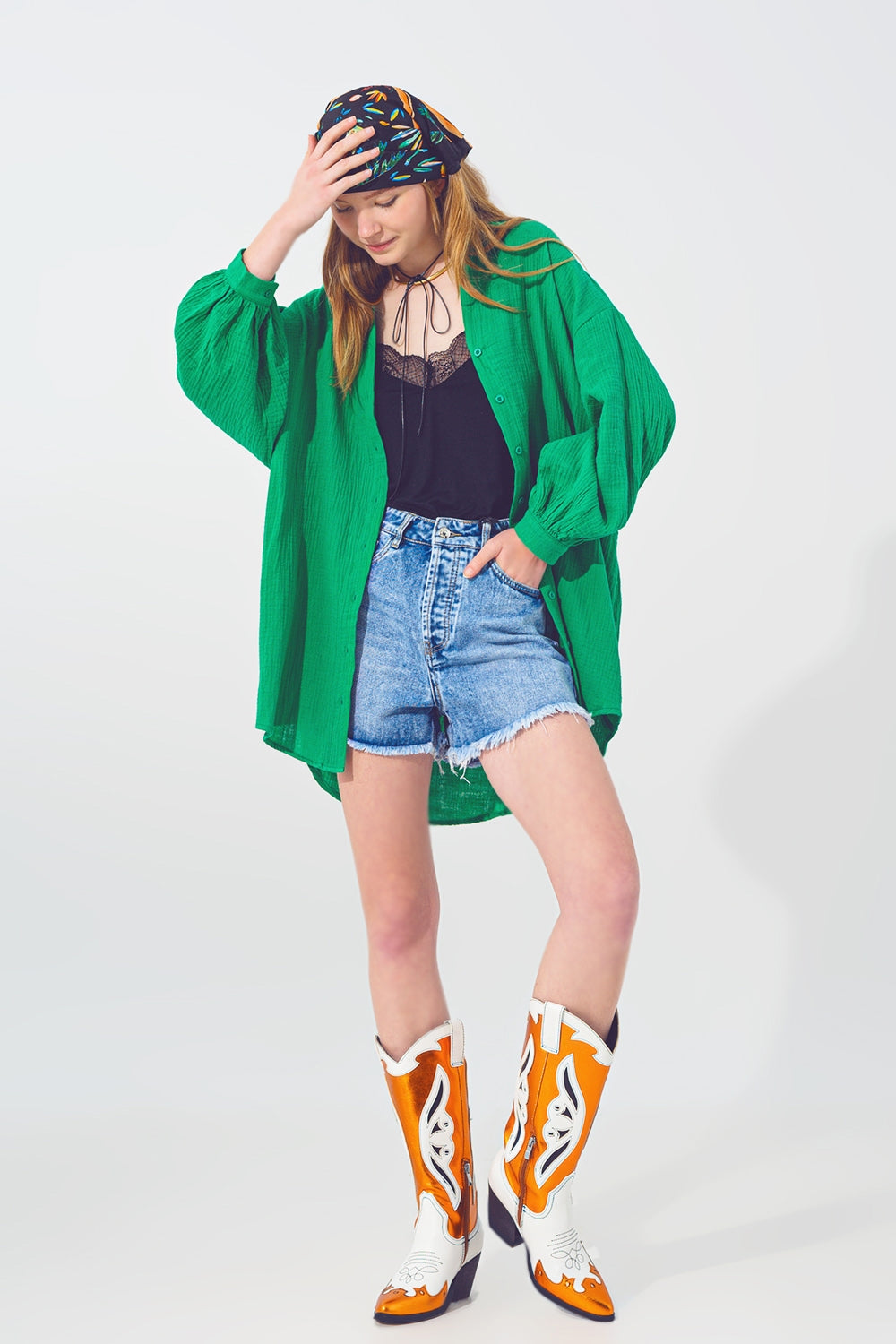 Oversized Textured Loose Fit Shirt in Green - Shirts