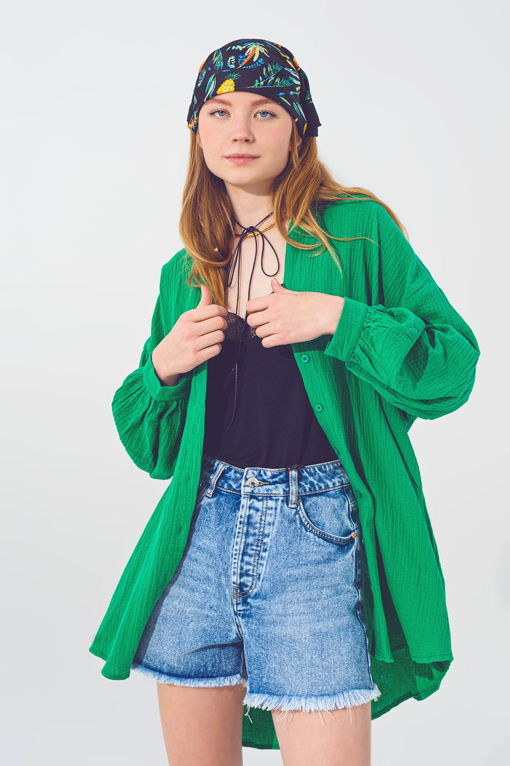 Oversized Textured Loose Fit Shirt in Green - Shirts