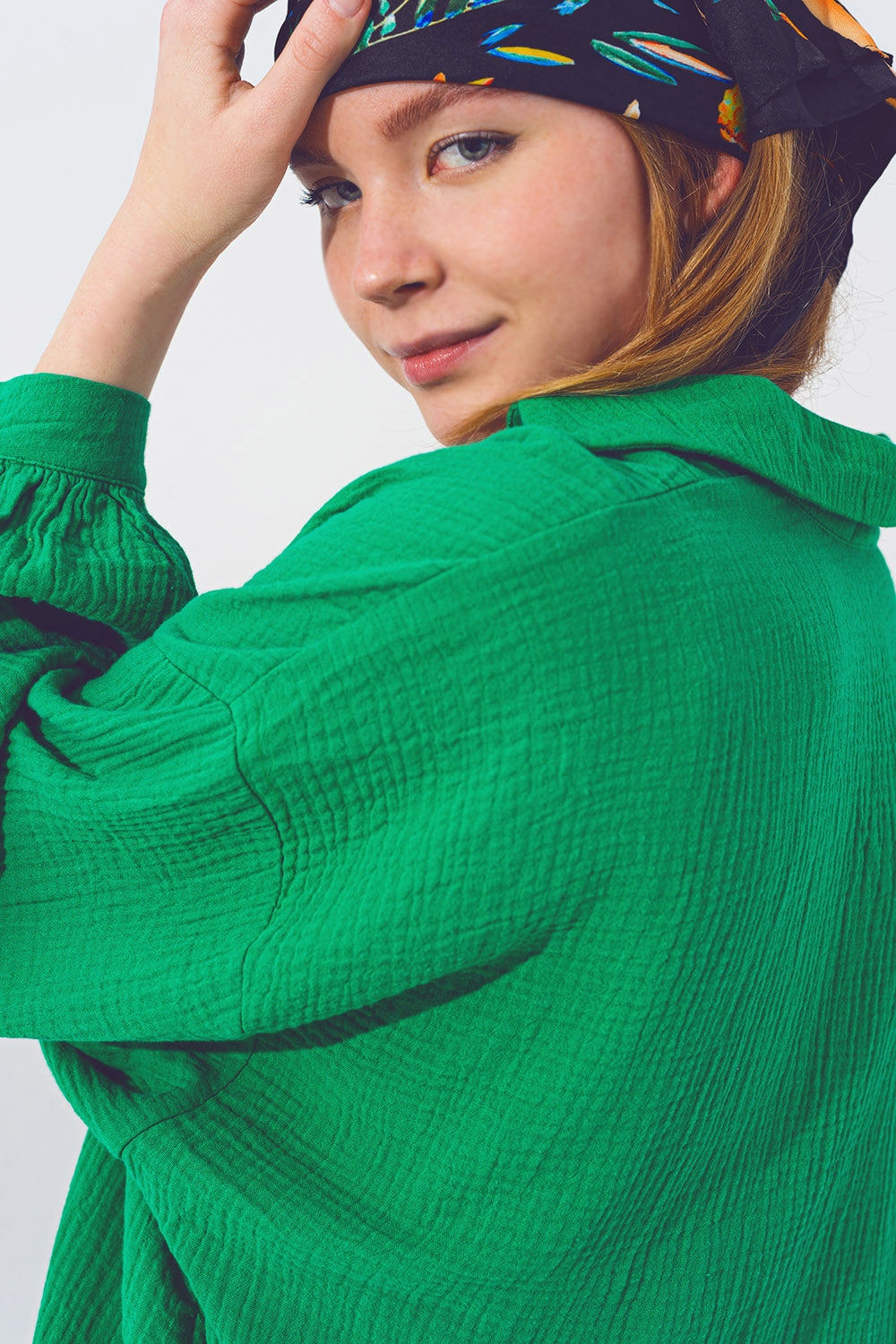Oversized Textured Loose Fit Shirt in Green - Shirts