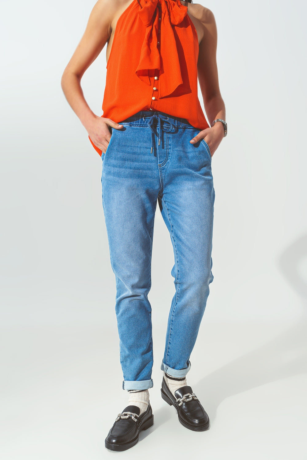 Drawstring Waist Jogger Jeans - Denim
