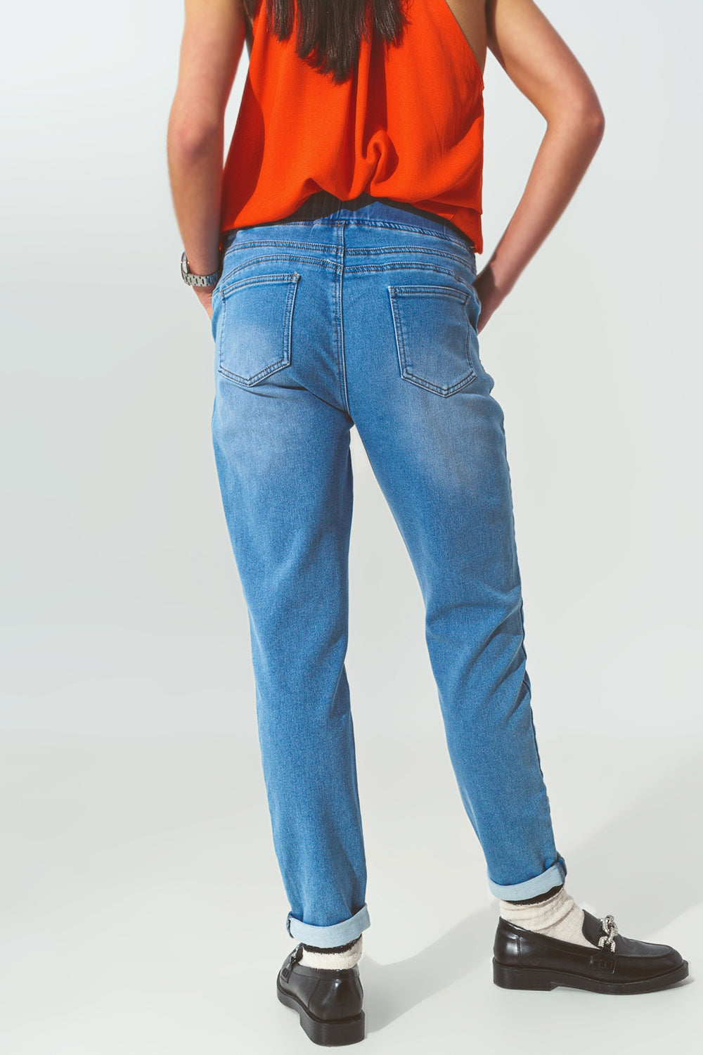 Drawstring Waist Jogger Jeans - Denim