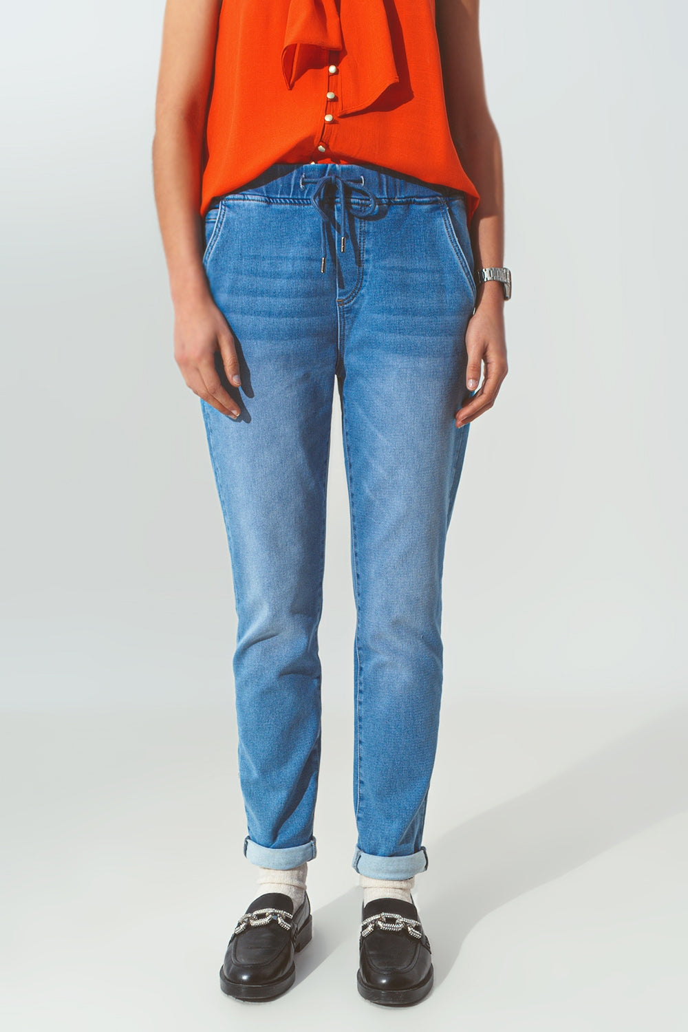 Drawstring Waist Jogger Jeans - Denim