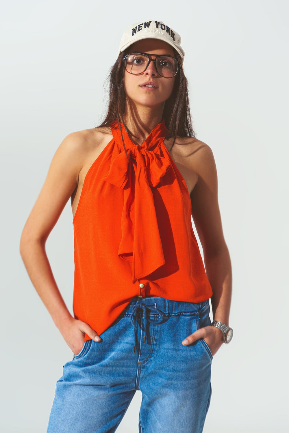 Halter Neck Top with Button Details in Orange - Shirts, top