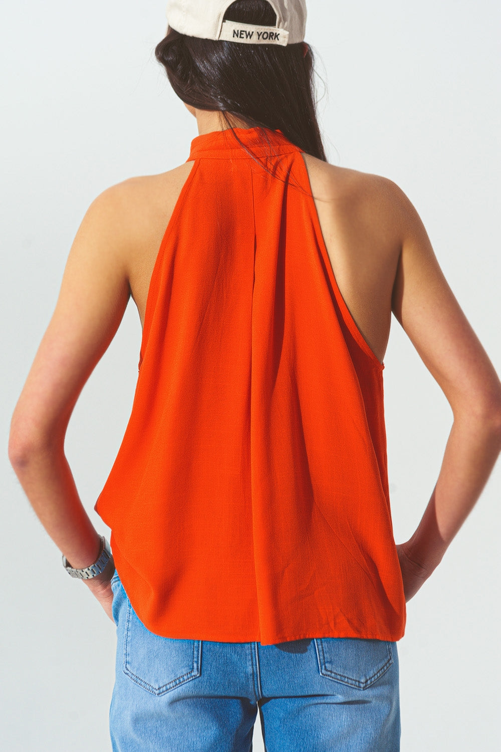 Halter Neck Top with Button Details in Orange - Shirts, top