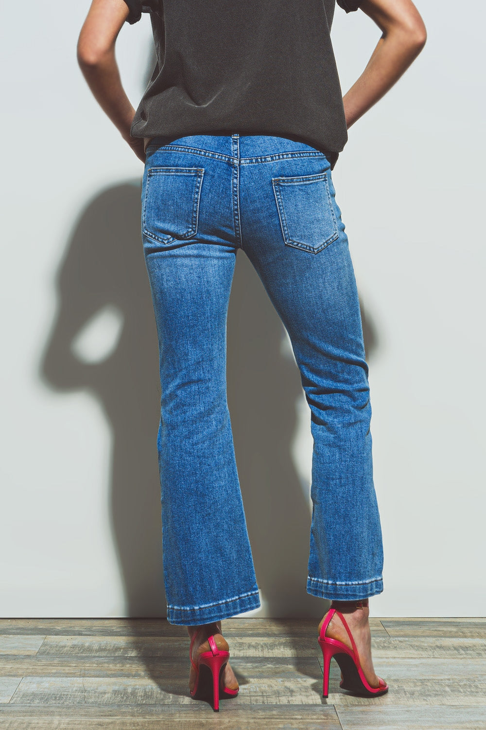 Flared double button waist jeans in blue denim - Denim