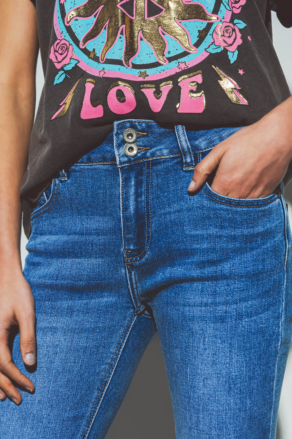 Flared double button waist jeans in blue denim - Denim