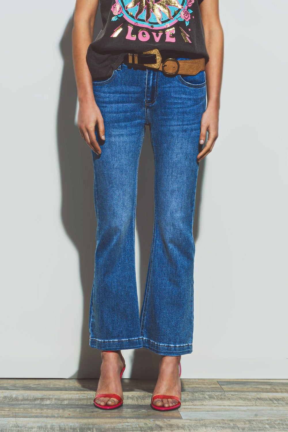 Flared double button waist jeans in blue denim - Denim