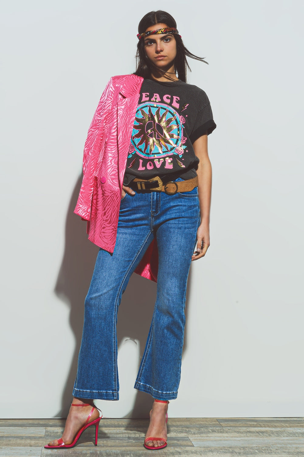 Flared double button waist jeans in blue denim - Denim