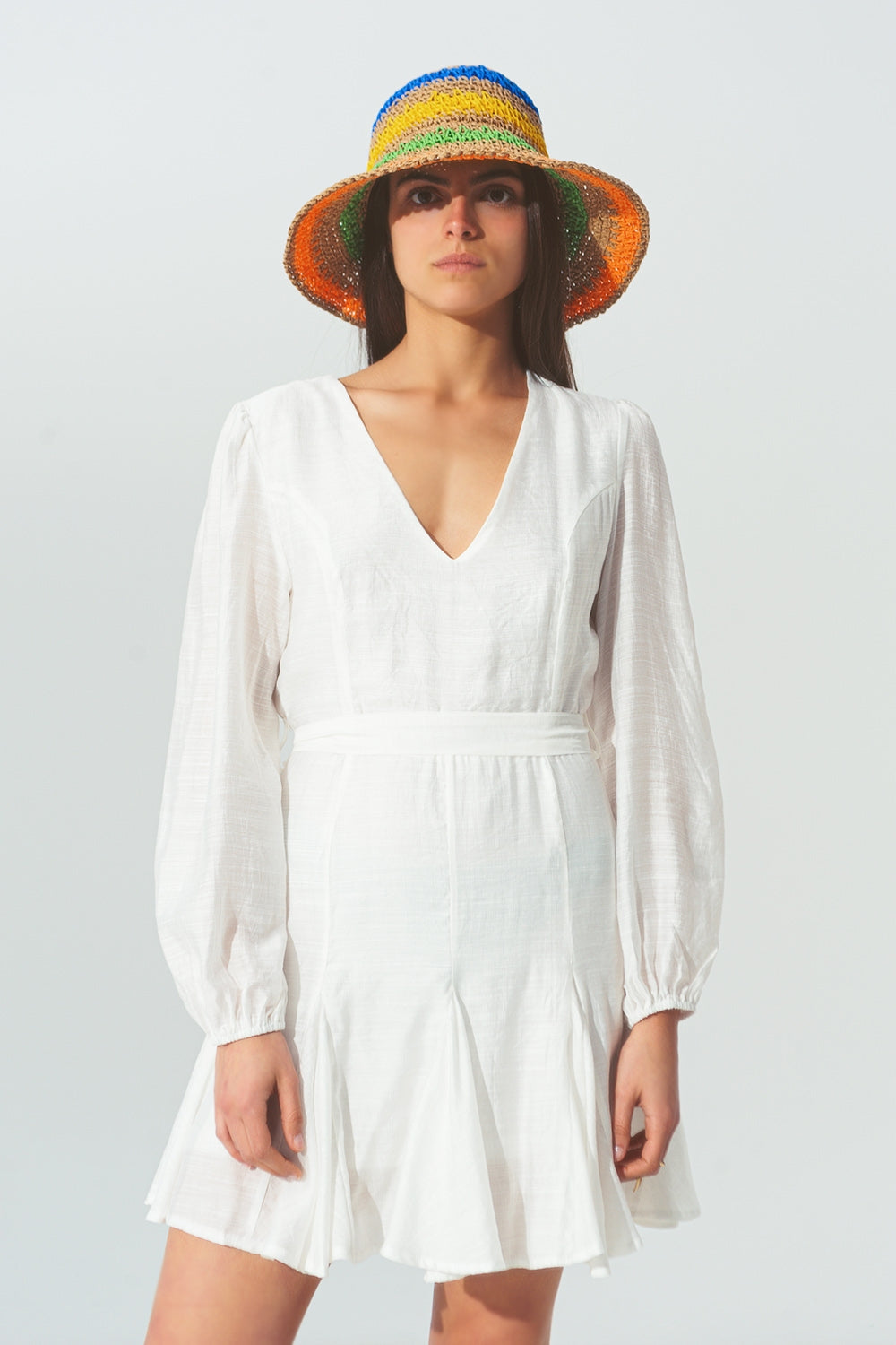 Ruffle V Neck Dress in White - dress