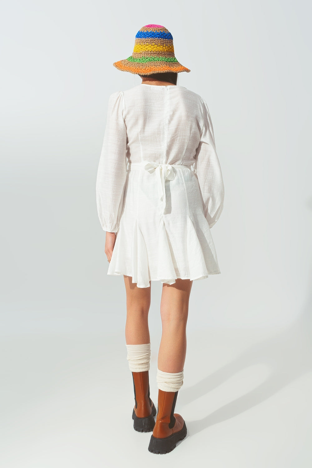 Ruffle V Neck Dress in White - dress