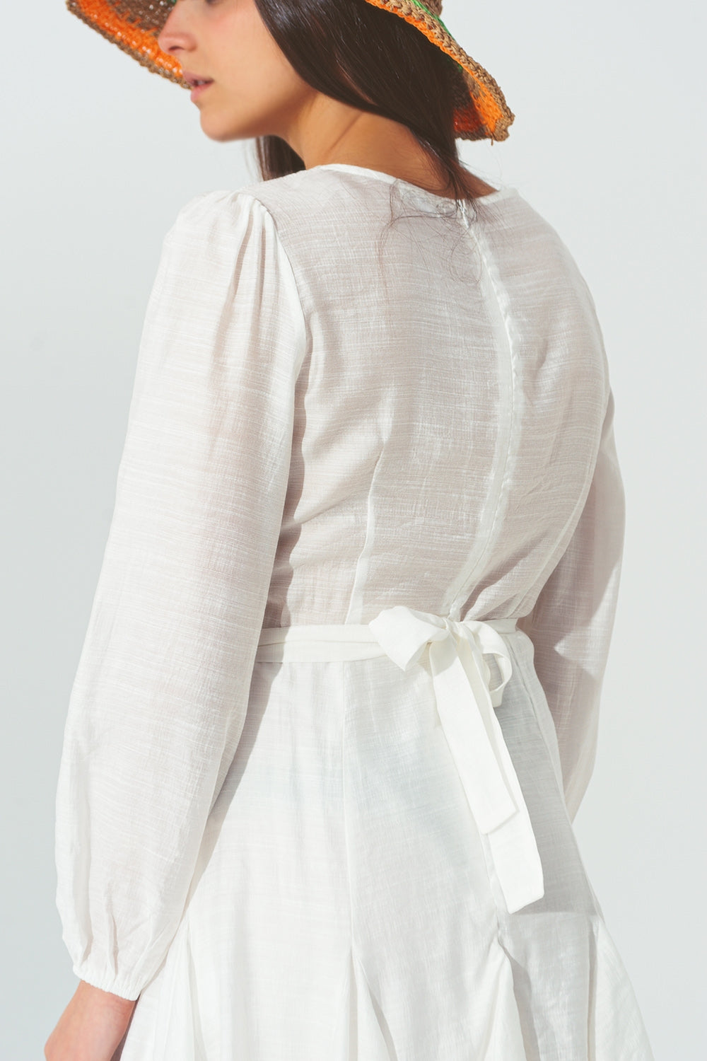 Ruffle V Neck Dress in White - dress