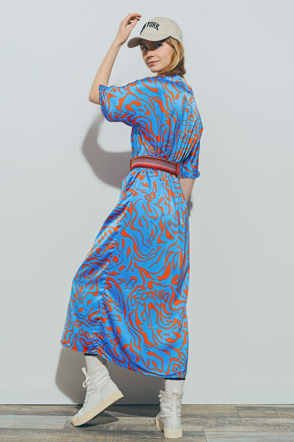 Satin V Neck Midi Dress in Blue - dress