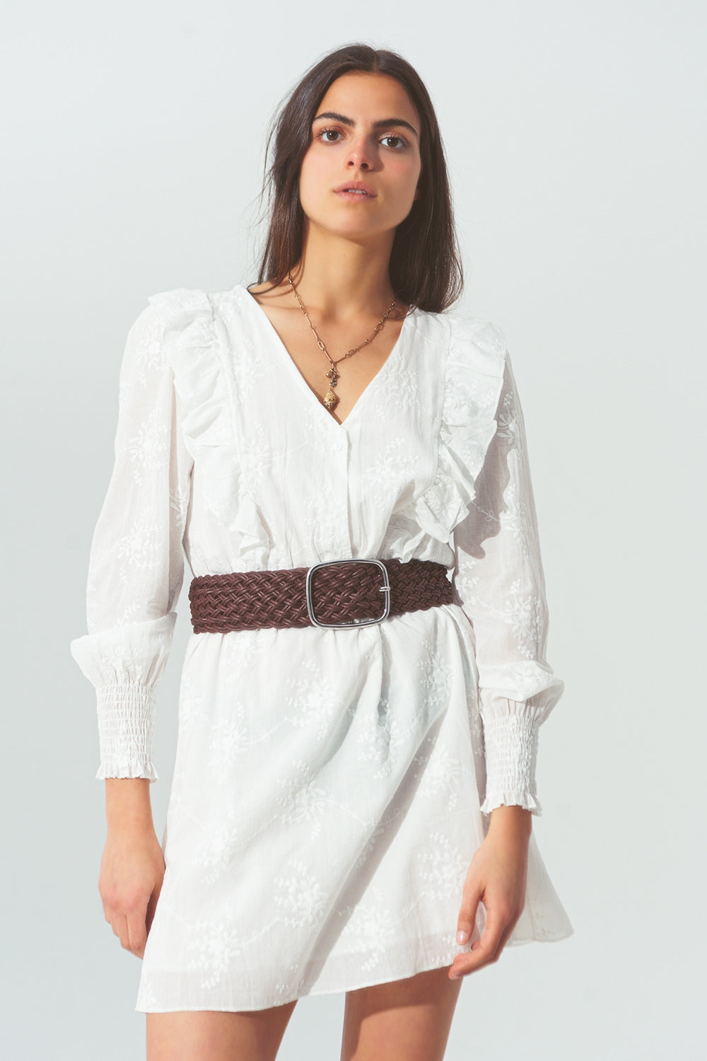 Floral Ruffle Mini Dress in White - dress