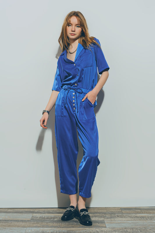 Satin Short Sleeve Shirt in Blue - Shirts