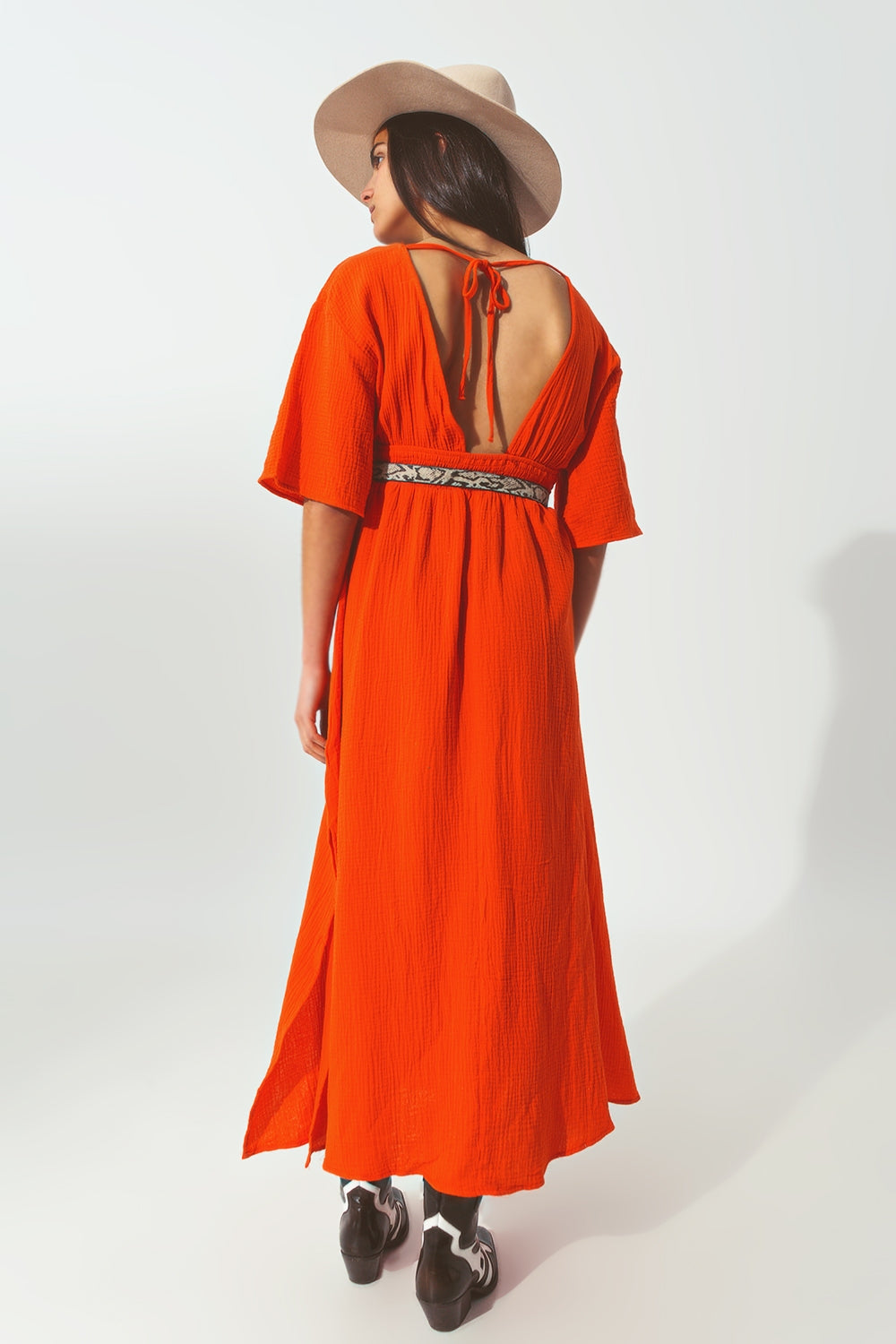 Textured V-Neck Maxi Dress in Orange - dress