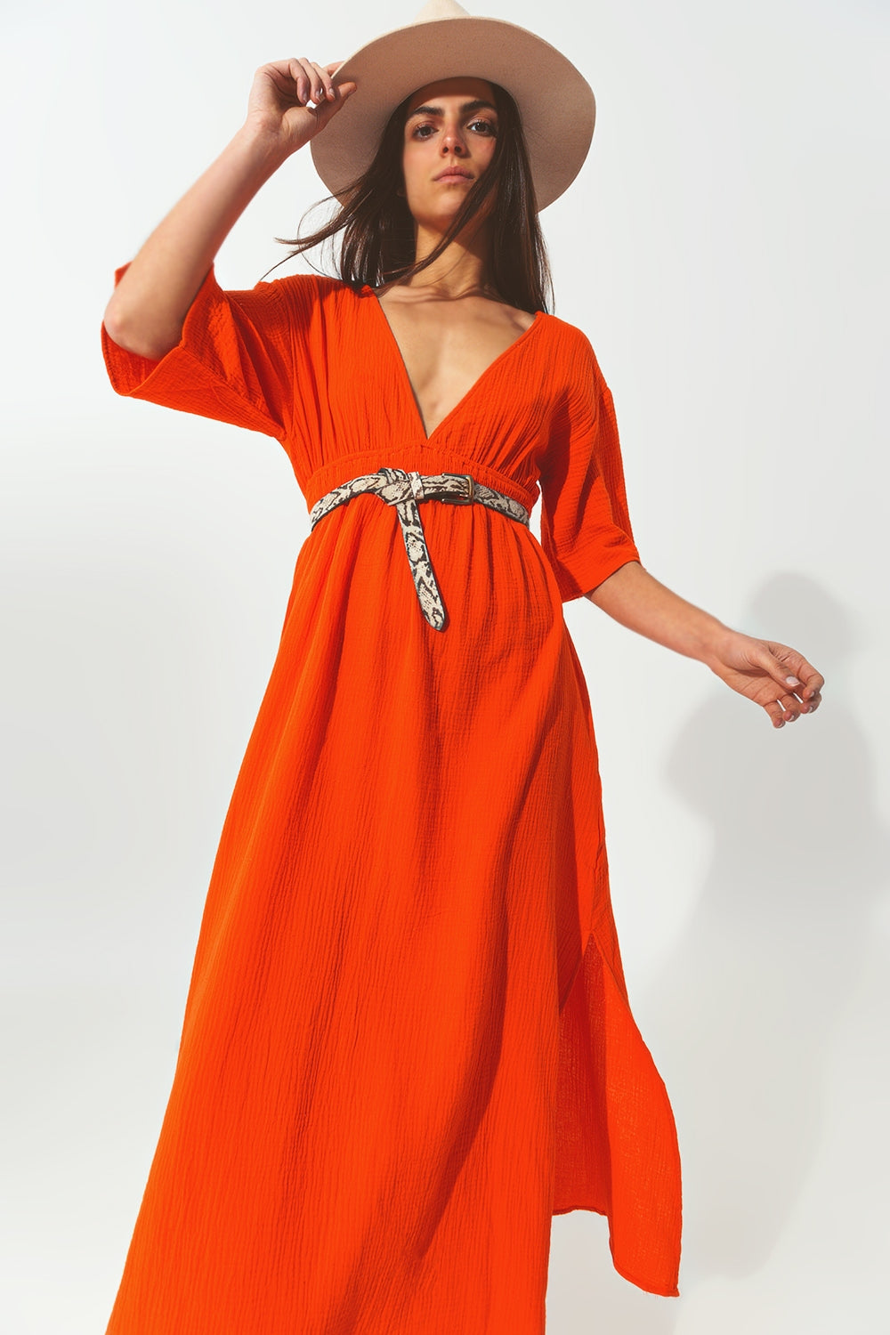Textured V-Neck Maxi Dress in Orange - dress