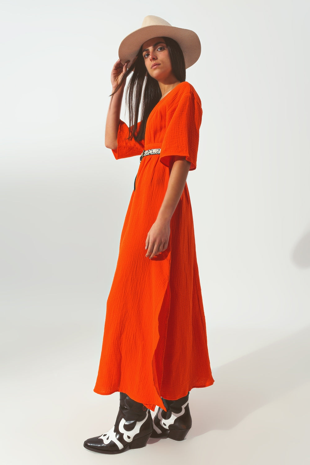 Textured V-Neck Maxi Dress in Orange - dress