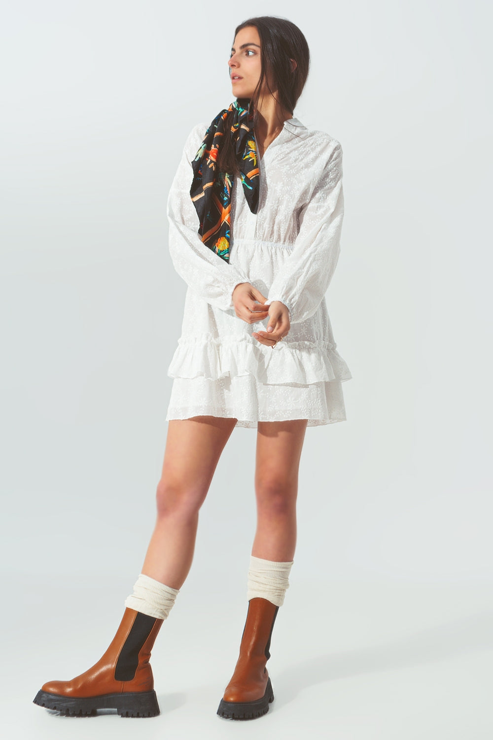 Broderie Mini Dress with Ruffles in White - dress