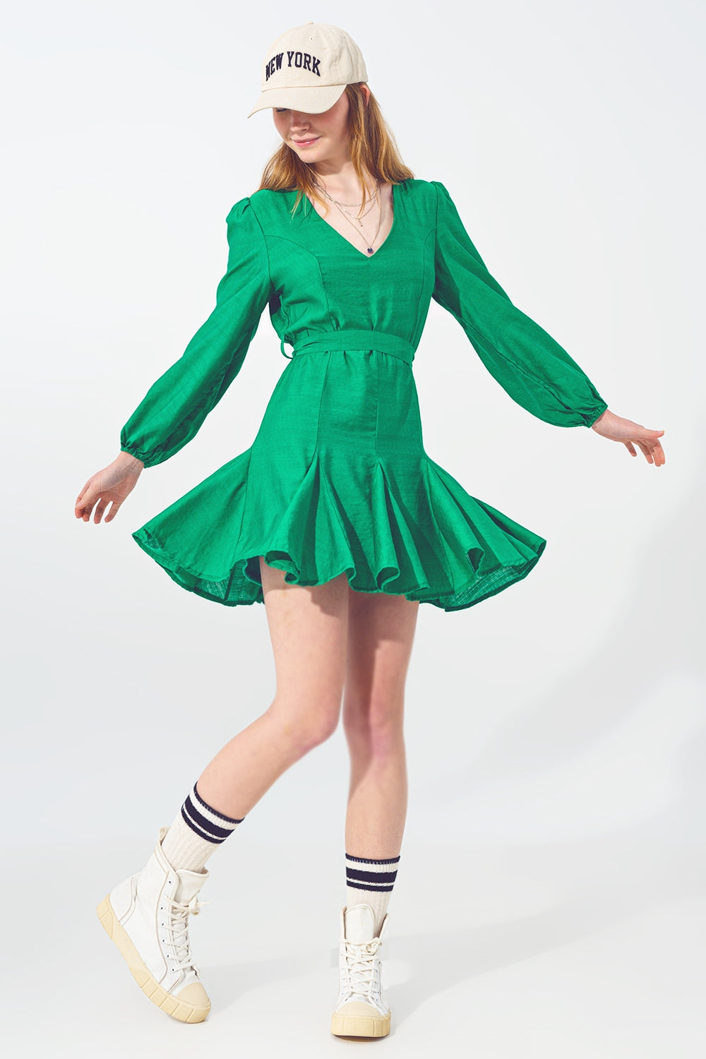 Ruffle V Neck Dress in Green - dress