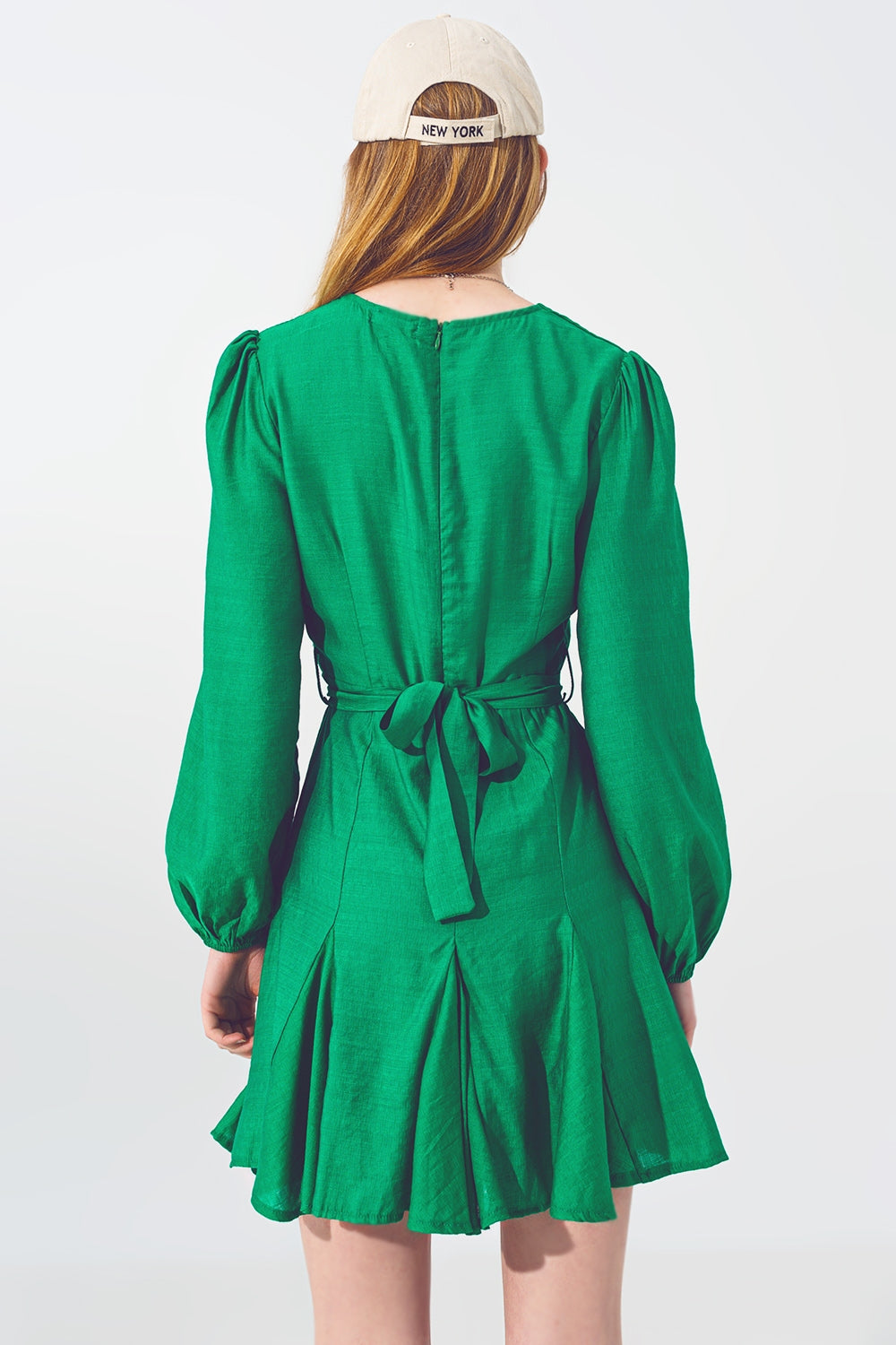 Ruffle V Neck Dress in Green - dress