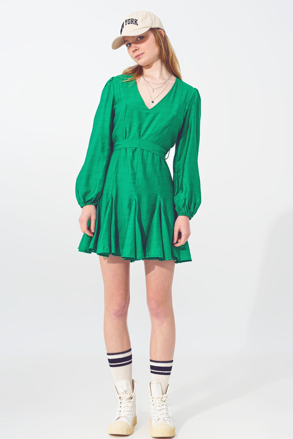 Ruffle V Neck Dress in Green - dress