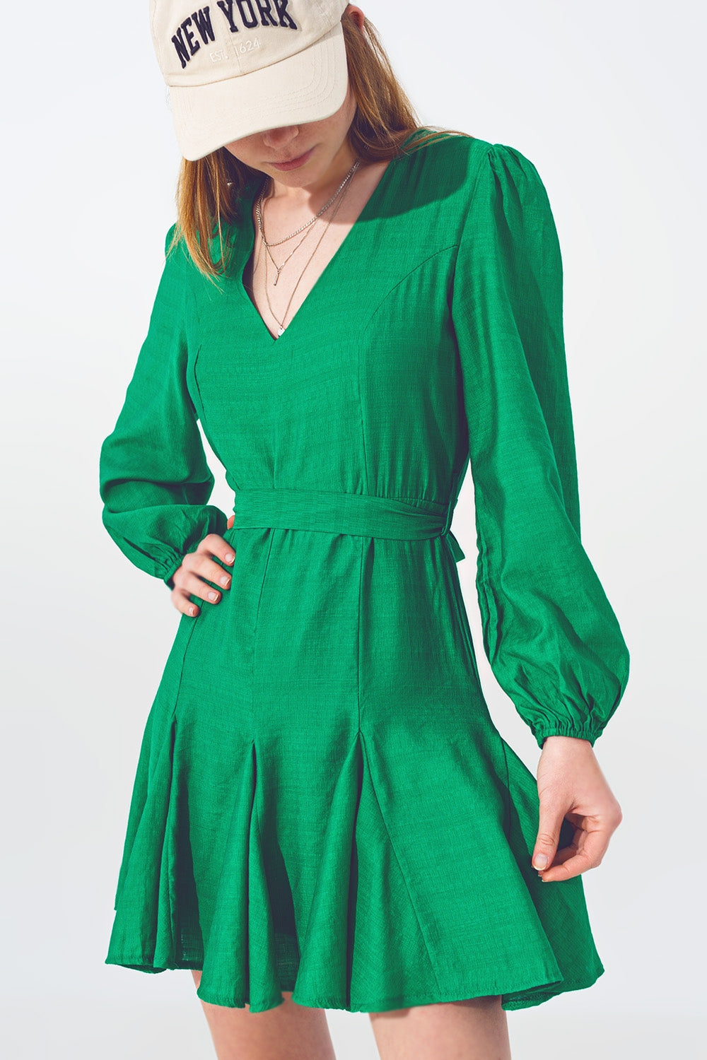 Ruffle V Neck Dress in Green - dress