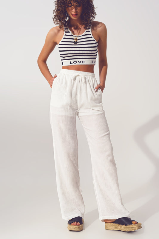 Textured Wide Leg Pants in White - trousers