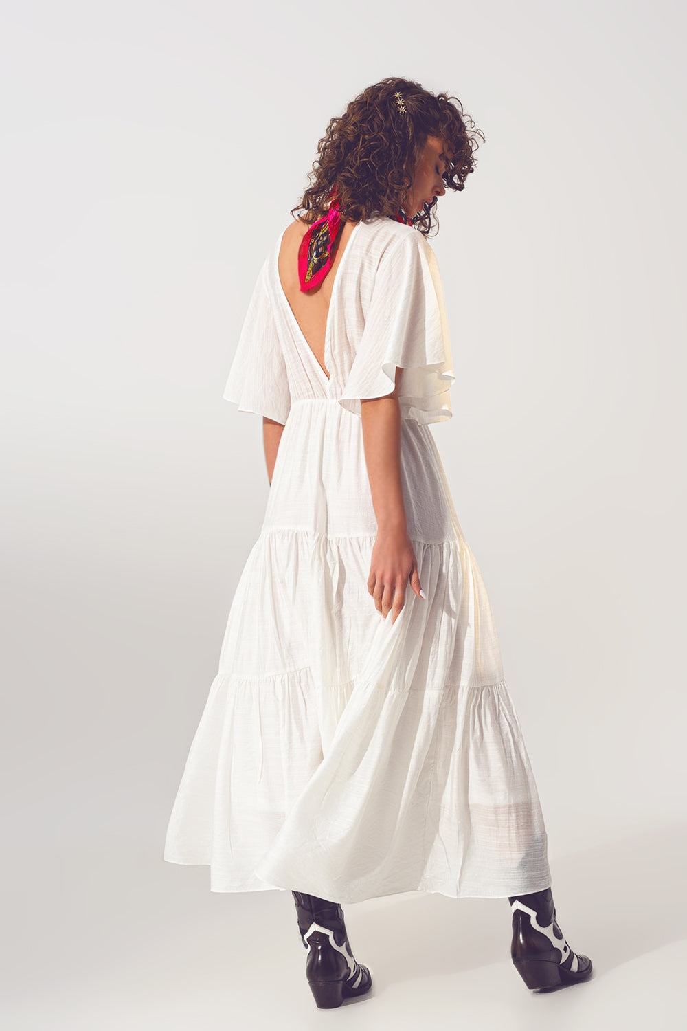 Smock V Neck Maxi Dress in White - dress