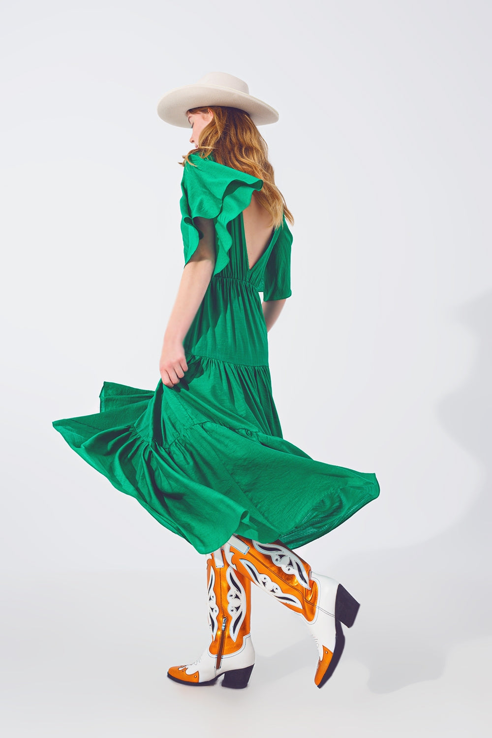 Smock V Neck Maxi Dress in Green - dress