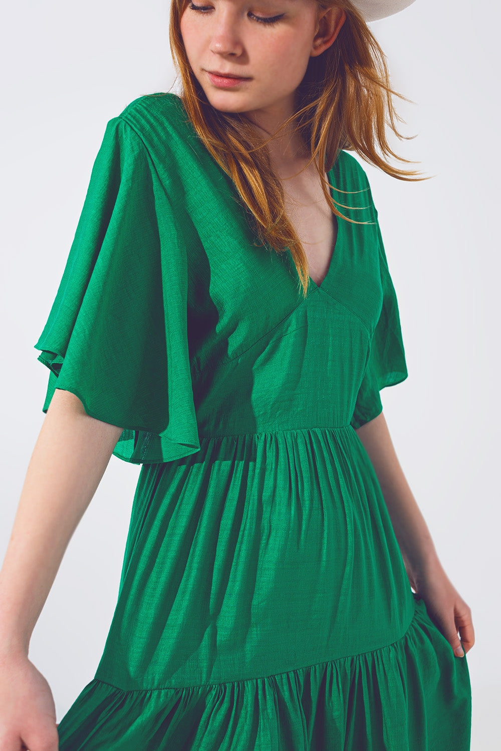 Smock V Neck Maxi Dress in Green - dress