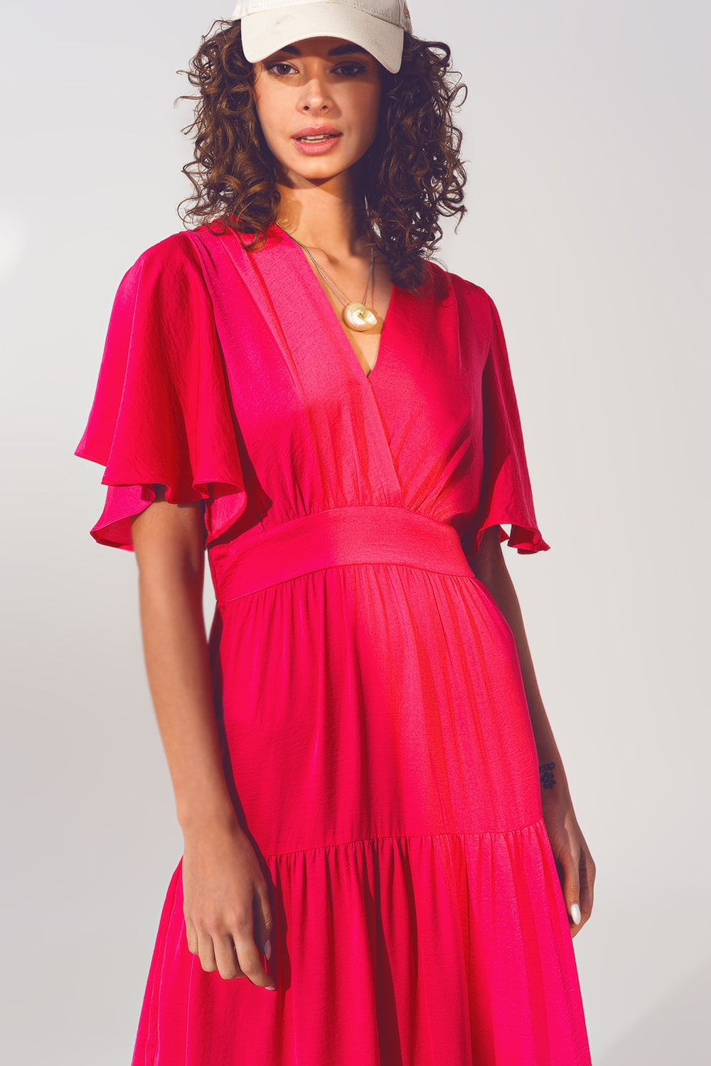 Smock V Neck Maxi Dress in fucsia - dress