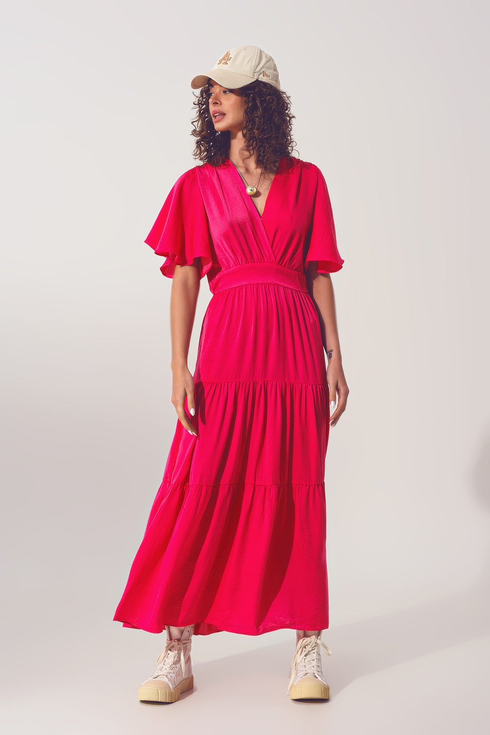 Smock V Neck Maxi Dress in fucsia - dress