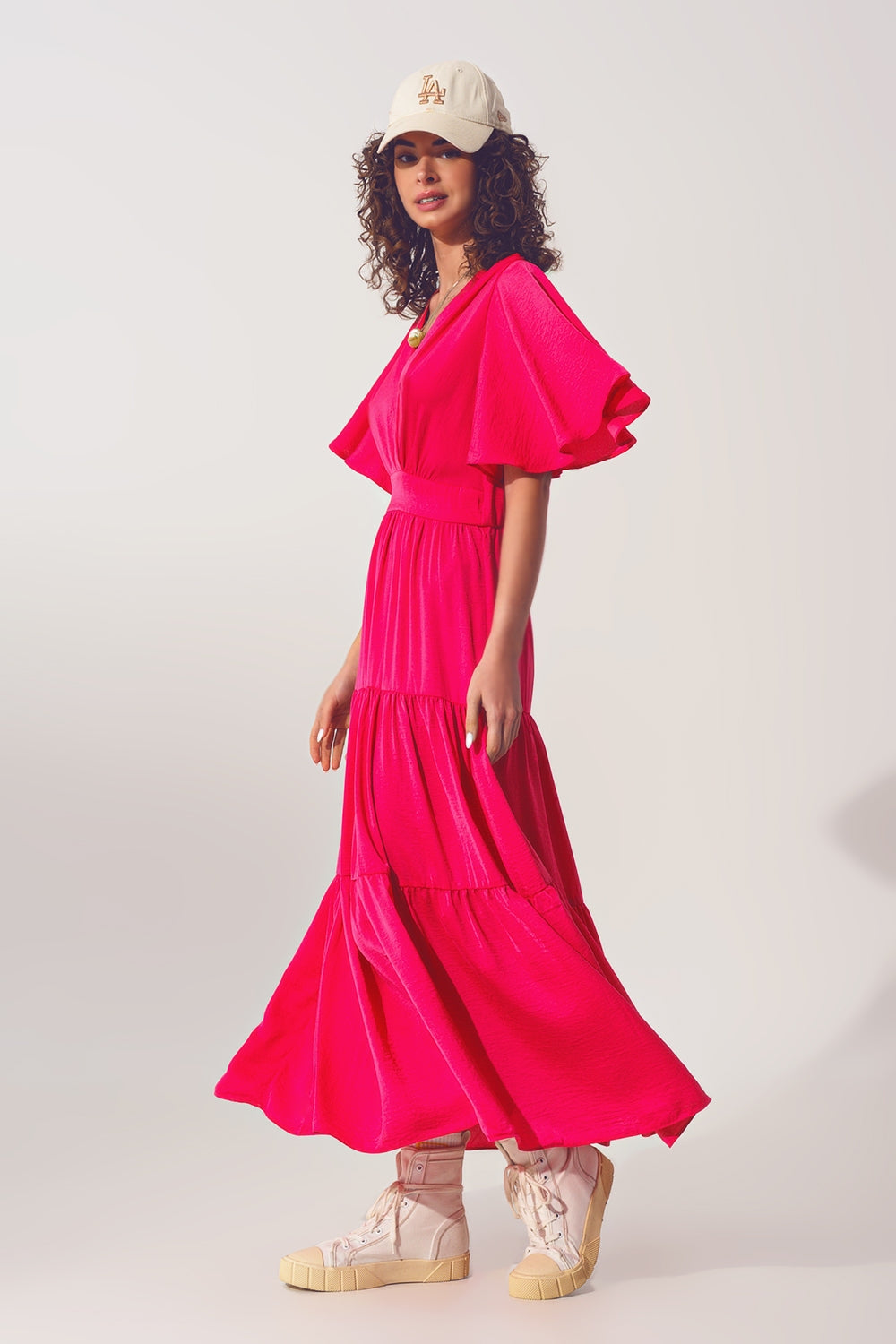 Smock V Neck Maxi Dress in fucsia - dress