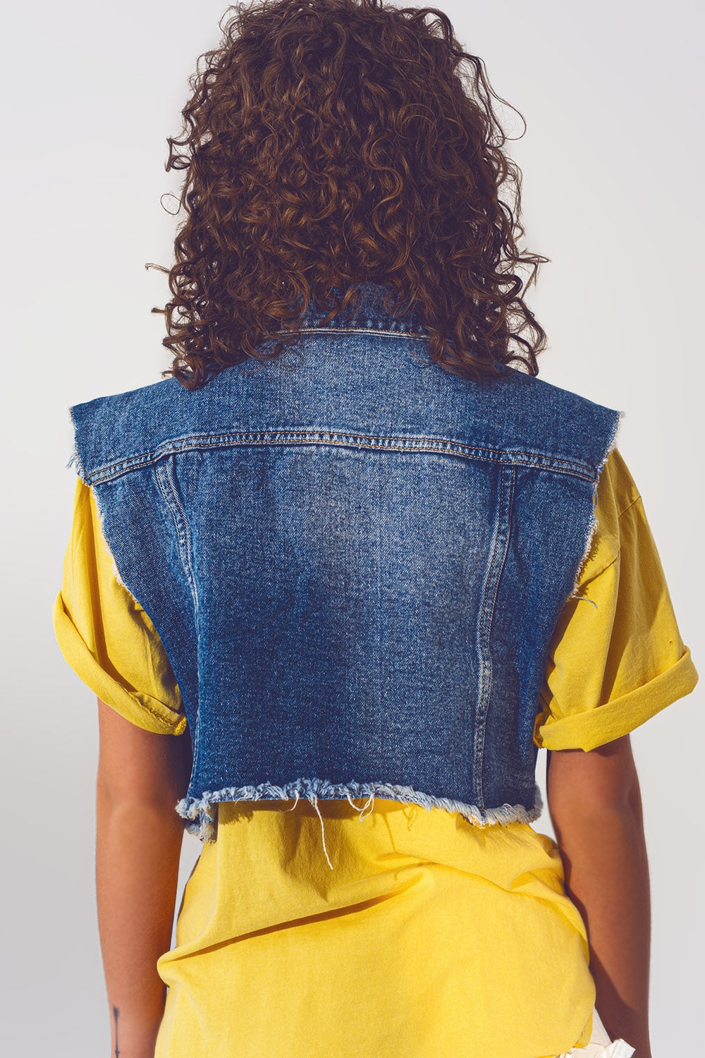 Cropped Studded Denim Vest in Blue