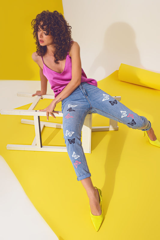 Butterfly Detail Skinny Jeans in Light Blue Wash - Denim