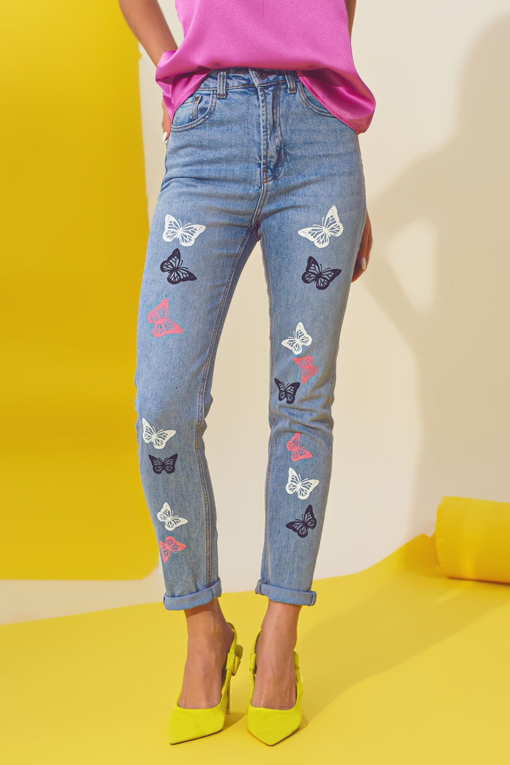 Butterfly Detail Skinny Jeans in Light Blue Wash - Denim