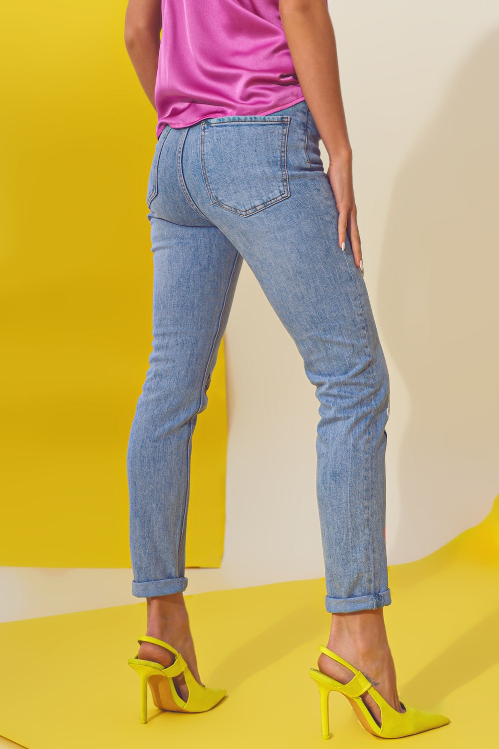 Butterfly Detail Skinny Jeans in Light Blue Wash - Denim